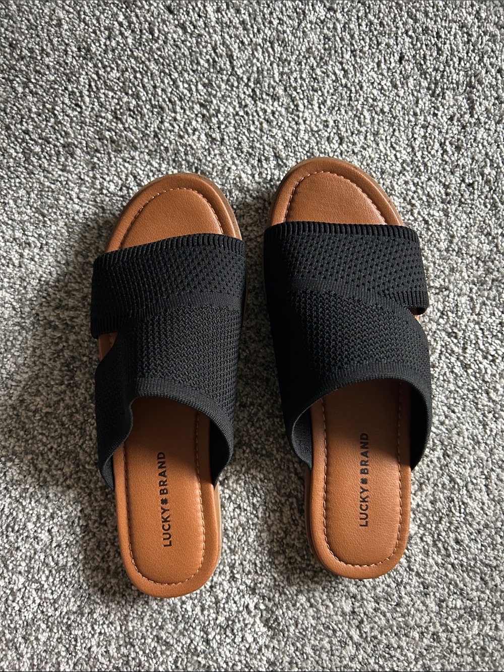 Lucky Brand Black Knit Slide Mules with Tan Footbed. Like new. Wore once.